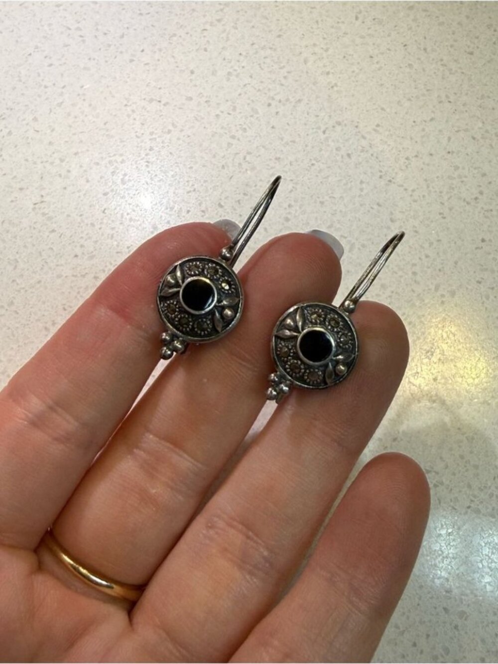925 Sterling Silver Black Rhinestone & Marcasite Drop Earrings Vintage - Picture 4 of 10